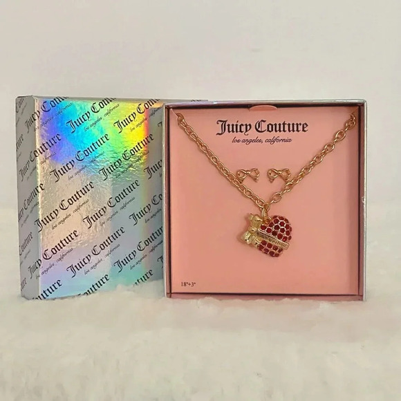 Juicy Couture Gold-Tone Ruby Red Rhinestone Heart Charm Necklace & Bow Earrings - Picture 8 of 9